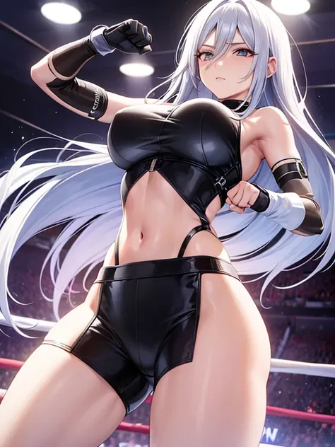 A female version of Sephiroth is a sexy boxing girl modeling as an angel practices her fighting skills alone in a boxing ring wearing tight boxing gear and boxing gloves