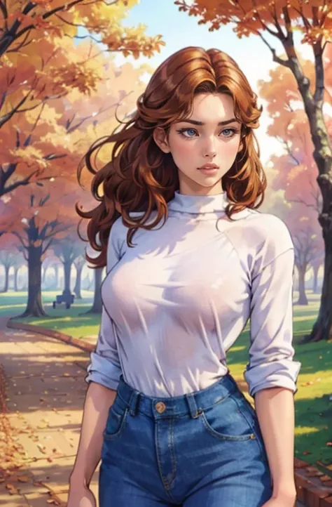 A girl in a high-neck sweater and jeans, standing in a park, surrounded by illustrations of trees and flowers. The girl has beautiful detailed eyes and lips, and her face is extremely detailed and expressive. She has long eyelashes and a serene expression,...