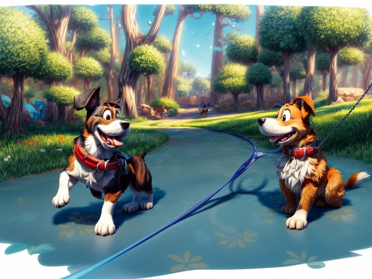 cartoon drawing of two dogs on a leash in a park, animated disney movie inking, published concept art, stylized linework, black and white illustration, official illustration, whole page illustration, by Istvan Banyai, concept art for a video game, by Maksi...