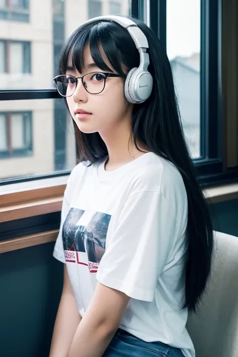 1 girl solo, top quality,super detailed,masterpiece,20 years old,black hair,long hair,high school student,glasses,thin eyes,thin face,serious,neat,own room,wearing headphones,studying programming,kawaii,studying by window,night view beyond window,white ski...