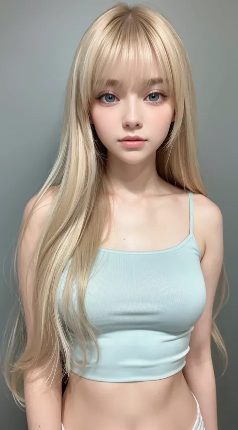 Beautiful 16 year old girl nature photo, wear a loose-fitting crop top, Super long blonde hair, disheveled bangs above the eyes,、Fluffy, Realistic platinum blonde hair that shines in gold、Super long hair as beautiful as silk、bright expression、Large bust, f...