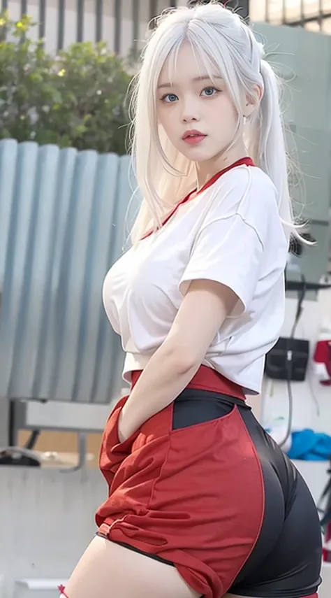 photorealistic, high resolution, 1 girl, white hair, korean, blue eyes, red shirt, skimpy tight black shorts, thick thighs