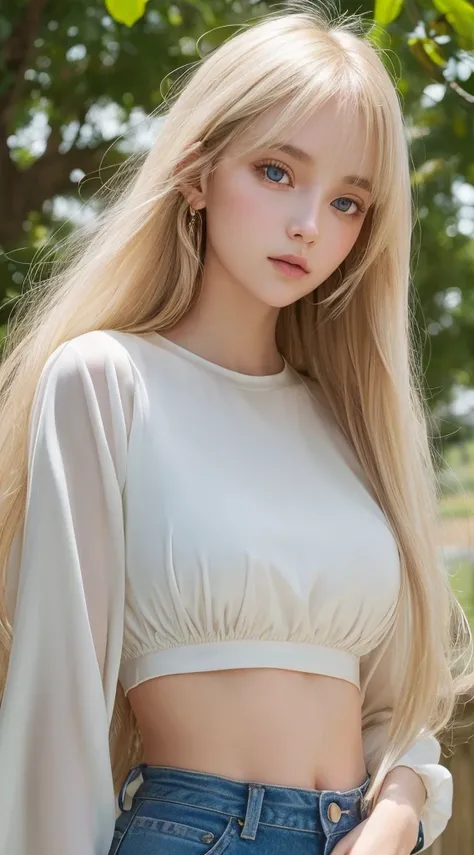 Beautiful 16 year old girl nature photo, wear a loose-fitting crop top, Super long blonde hair, disheveled bangs above the eyes,、Fluffy, Realistic platinum blonde hair that shines in gold、Super long hair as beautiful as silk、bright expression、Large bust, f...