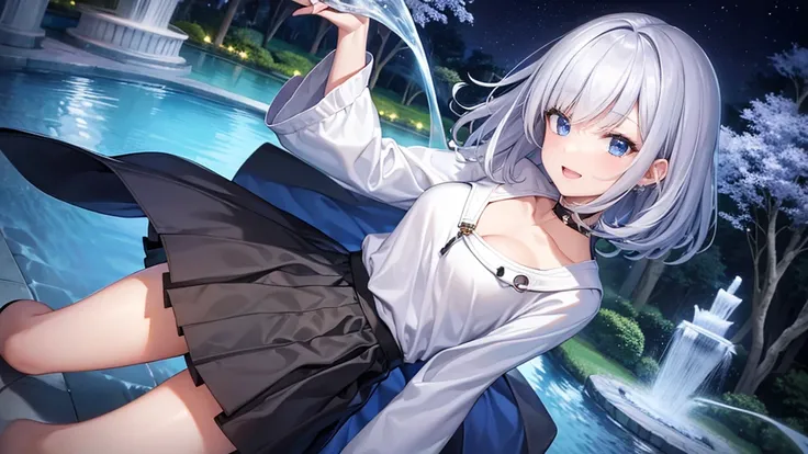 Ultra-high image quality,Look at viewers, hands behind back, girl with, 20 years old, Very short hair, long bangs between eyes, blue eyess,Black eyes, Hoodie, Skirt , Extremely detailed,(​masterpiece、top-quality),White hair、A smile、Fantastical, Silver hair...