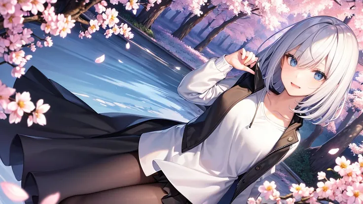 Ultra-high image quality,Look at viewers, hands behind back, girl with, 20 years old, Very short hair, long bangs between eyes, blue eyess,Black eyes, Hoodie, Skirt , Extremely detailed,(​masterpiece、top-quality),White hair、A smile、Fantastical, Silver hair...