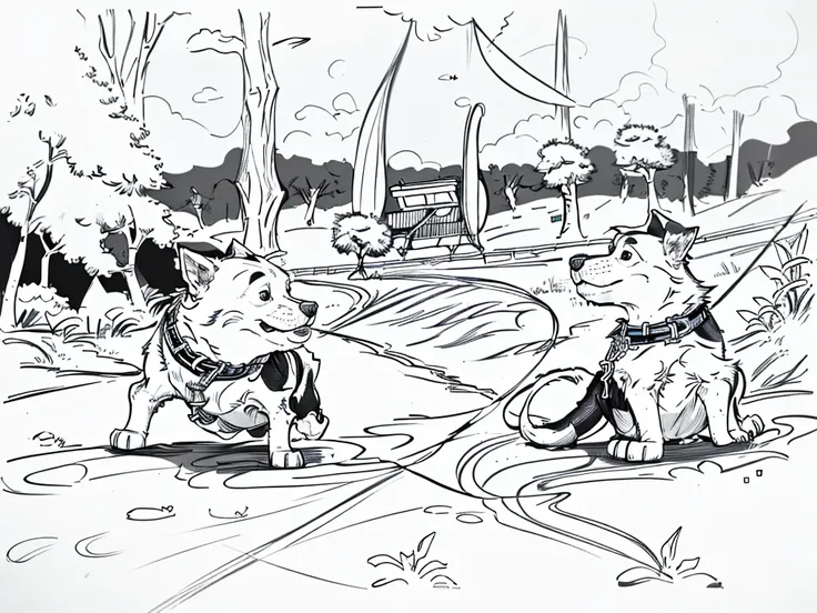 cartoon drawing of two dogs on a leash in a park, animated disney movie inking, published concept art, stylized linework, black and white illustration, official illustration, whole page illustration, by Istvan Banyai, concept art for a video game, by Maksi...