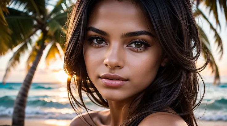 a beautiful Brazilian girl in the beach with a captivating look effortlessly drawing viewers into the photo, high quality photo beautifully captures the skill and craftsmanship, leaving a lasting impression on whoever looks at it., photo, cinematic, fashio...