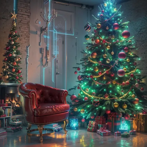 cyberpunk,Christmas-themed,living room,neon lights,punk elements,futuristic furniture,festive decorations,punk Christmas tree,ornaments,glowing,cybernetic implants,sleek,metallic surfaces,glass panels,reflective surfaces,punk-style fireplace,artificial sno...