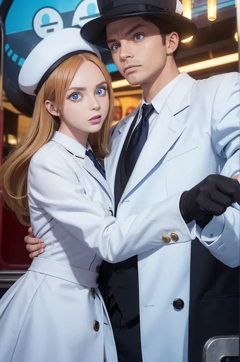 twinsies,ember,train conductor,one person is wearing a white coat,one person is wearing a black coat,track background,pointing p...