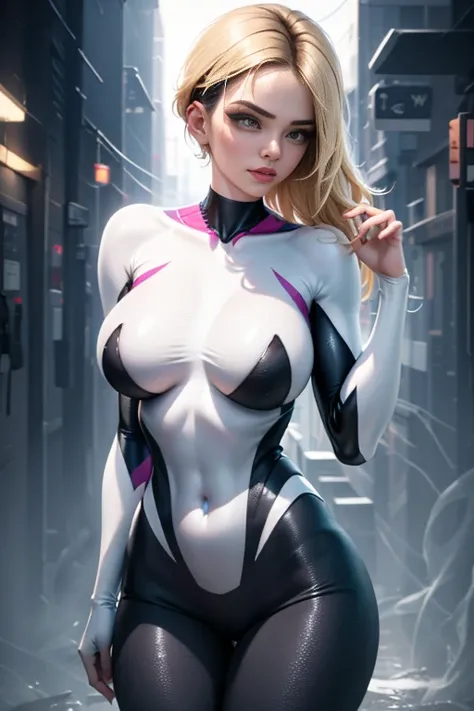 Ghost Spider, Gwen em uma roupa preta em branco, organic-looking clothing, testa gooey, simbionte, olhos azuis, loira,  belas artes, Highly detailed cinematic rendering, raytricing ultra fotorrealista, with cinematic lighting