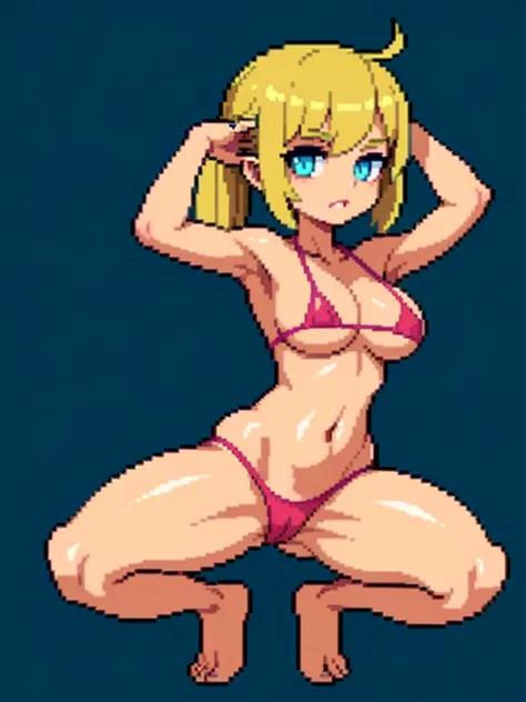 (masterpiece, top quality, best quality, less detail, 8-bit color), pixel,pixel art,1girl, fullbody, smack studio, separate body for edit, squatting, armpits, arms above and behind head, (micro bikini)