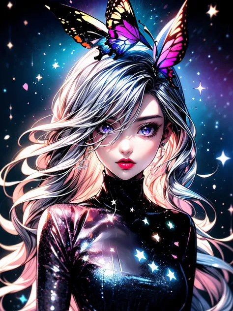 girl with silver hair with butterflies, kawaii aesthetic, glittery and shiny, ferrania p30, Almond-shaped eyes, slender and elongated, dark silver and light pink, aurorapunk, babycore,Light pink background ,upper body, hallyu, girl with silver hair and but...