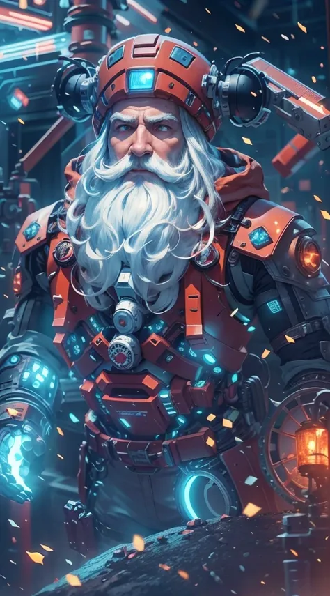 cybernetic Santa Claus, robotic arms with intricate details, futuristic exoskeleton suit, glowing red eyes, metallic beard and hair, advanced gift delivery , hovering sleigh with anti-gravity technology, neon lights illuminating the night sky, pixelated sn...