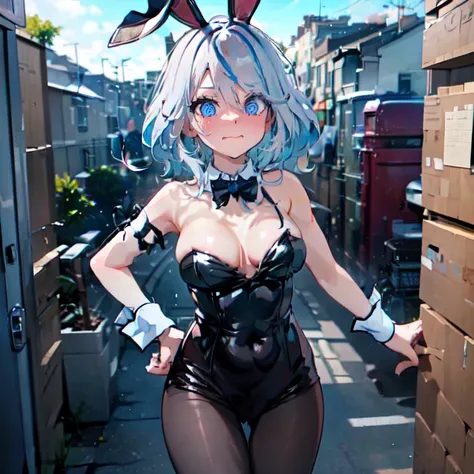 1girl, Furina, white hair:1.1, streaked hair, short hair, blue eyes, cowboy shot:1.15, looking at viewer, from above:1.2, bunnysuit, pantyhose, fake bunny ears, wrist cuffs, bowtie, medium breasts, wavy mouth, closed mouth, embarrassed, frown, @_@, areola ...