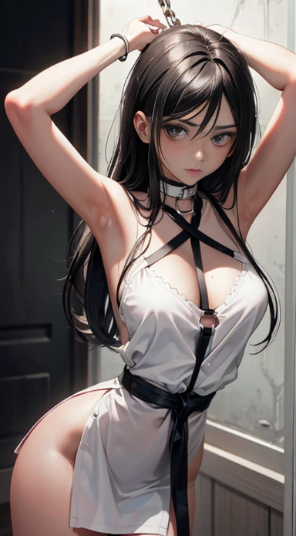 ((masterpiece)), ((best quality)), (ultra-detailed), ((sexy)), (ero),NSFW, underground,a cute girl, 1girl, solo, (white camisole dress),(chain bound arms), (both hands are bound and is hung from the ceiling), BDSM,shibari,restrained,((thin waist)),((Tortur...