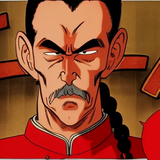 One with a mustache、Cartoon of a man with a mustache in his hair, kentaro miura manga style, Angry muscular army general, strong chin, manga style of kentaro miura, 1990 manga panel, kentaro miura manga art style, Teenage manga portrait, Strong chin, black...