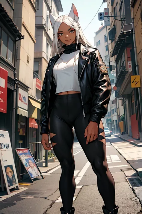 beautiful young female warrior fighter with cat ears on her head, com rosto bem detalhado e bonito, belos olhos, belos olhos, rosto lindo, beautiful young woman wearing long black leggings with black details, mini saia curta, usando jaqueta de couro preta,...