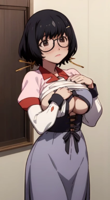 Stema Peace、hanekawa tsubasa、attack of glasses、A dark-haired、large boob、 (Black hair, Brown eyes, Round face), (nose blush, half opened eye),, [Full body shot]、eye glass、Head-to-toe shots、A dark-haired、Tying up the chest...、lifted by a rope、