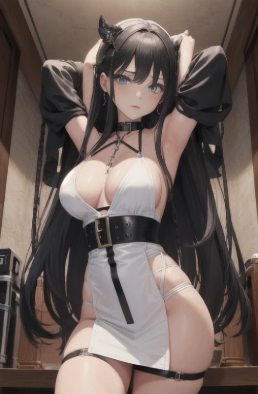 (masterpiece)), ((best quality)), (ultra-detailed), ((sexy)), (ero),NSFW, underground,a cute girl, 1girl, solo, (white slip onepiece dress),(chain bound arms), (both hands are bound and is hung from the ceiling), BDSM,shibari,restrained,((thin waist)),((To...