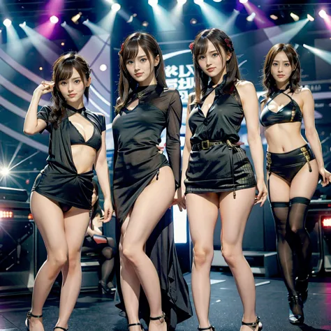 Raw photo、(((multiple girls))),((((6+girls)))),Women only、100 idols singing and dancing on stage、12 years old,japanes、((Same height))、The same face,((A dark-haired)),Longhaire