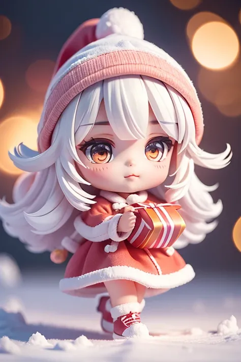 Santa Claus happily carrying gifts、Santa Claus is a pretty girl、Chibi doll、estrellas en los ojos（Kirakira）、Ojo hacia arriba、laugh、Lindo shoeoco rojo crujiente, Ultra detalle, luz radiante、bioluminiscente、paisaje nevado、Es nieve en snowboard、Dibuja un copo ...