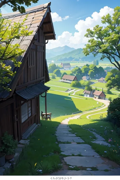 Anime style village scene，There are windmills，There are stone paths, Anime countryside landscape, beautiful anime scenes, beautiful anime scenery, Anime landscapes, anime backgrounds艺术, Anime beautiful peaceful scene, Anime landscapes概念艺术, anime background...