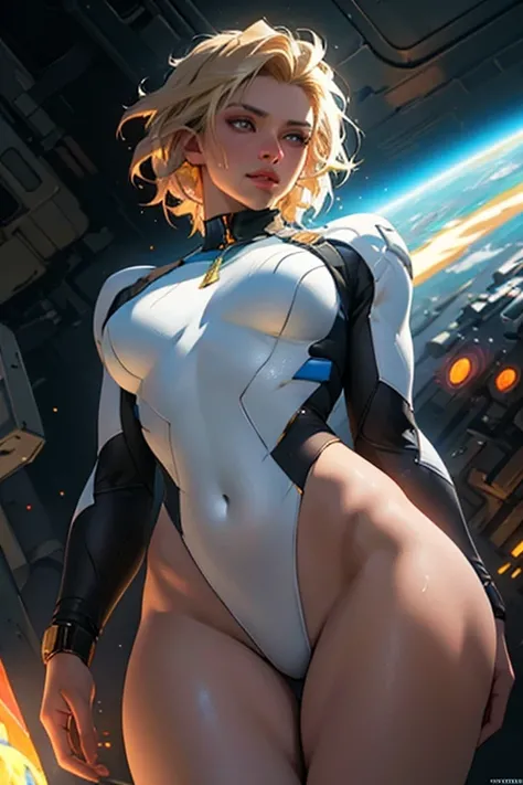 Highly detailed RAW color photo, beautiful young woman, short blonde hair, dynamic pose, (wide hips), (detailed skin:1.1), (detailed lips:1.1), , breastapart, (detailed eyes:1.1), (cosmic: 1.4), (necropolis: 1.1), (Science fiction setting) (detailed face),...