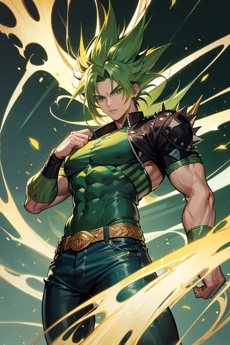 Highly detailed, (masterpiece), best quality, expressive eyes, perfect face, 1man, spiky long hair, raising hair, Super saiyan Green hair, green eyes, Bulky Body Builder Masculine body, Green leather Jacket & Jeans