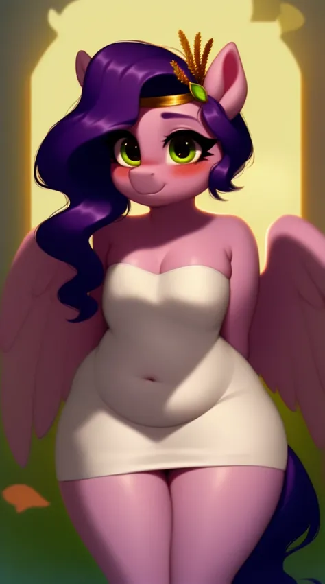 (score_9), (source_pony), (solo), (Pegasus), ((anthro pipp petals1.1)), (strapless white tube dress), blushing, messy hair, embarrassed face, anatomically correct, night garden, flat chest, half body, solo, hourglass figure, curvy, chubby, plump body, fat,...