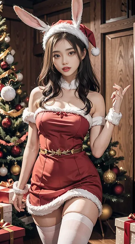 asian 21yo girl, solo, full body, Wange_Hu_Christmas_dress, Christmas_dress,fake rabbit ears, Christmas, Christmas tree, Christmas ornaments, Christmas shoes, pantyhose