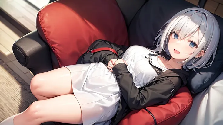 Ultra-high image quality,Look at viewers, hands behind back, girl with, 20 years old, Very short hair, long bangs between eyes, blue eyess,Black eyes, Hoodie, Skirt , Extremely detailed,(​masterpiece、top-quality),White hair、A smile、Fantastical, Silver hair...