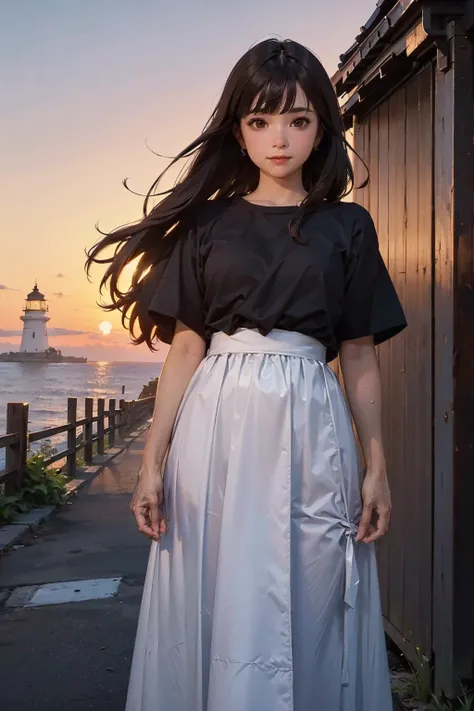 (FULL BODYSHOT、an oil painting、​masterpiece、top-quality、hight resolution、Dark hair、Super long hair、Bangs are aligned、Good mood、Blue shirt、Long long skirt、Sweaty skin、Sunset sky、Thick、I can see the lighthouse、On a street corner in Finland