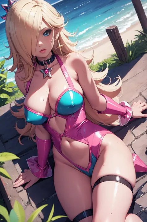 nsfw slutty rosalina, bimbo anime girl in a pink latex outfit posing on a beach, smooth pink skin, oppai pink body, seductive anime girl, shiny wet skin!!, revealing_clothes, big breast,chubby, venus body, milf, voluptous, pink girl, some pink, perfect gir...