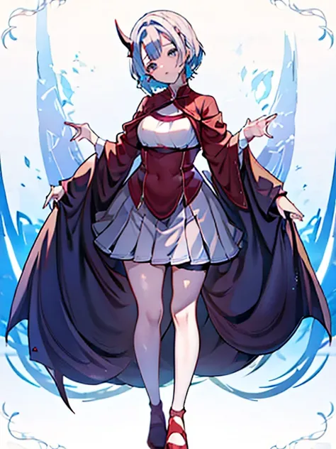 Illustration of a girl,7headed body,Full-body standing figure,frontage,Hair is short,cute little,two short devil horns,animesque,Rezero,Remu,blue eyess,White hair,A slight smil,adventure clothing,Low exposure,Stand straight