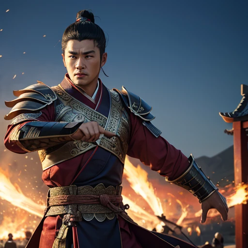 oriental、man in ancient chinese armor、ancient chinese hairstyle man、three kingdom、multiple warlords、top-quality、​masterpiece、超A high resolution、(Photorealsitic:1.4)、Cinematic poster、Supporting role introduction