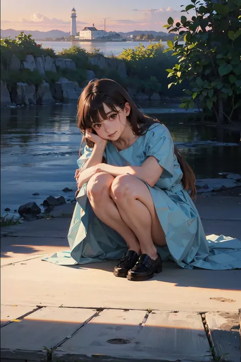 (FULL BODYSHOT、an oil painting、​masterpiece、top-quality、hight resolution、Dark hair、Super long hair、Bangs are aligned、Good mood、Blue shirt、Long long skirt、Sweaty skin、Sunset sky、Thick、I can see the lighthouse、On a street corner in Finland、crouching down