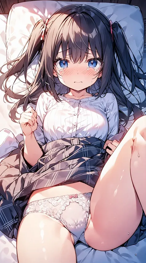 masutepiece, Best Quality,Illustration, Wallpaper, Ultra Detail, Little Face Lori、((fear:1.3))、(Teary-eyed:1.5)、(((Cute underwear)))、ample breasts、She makes me lie down and spread my legs.