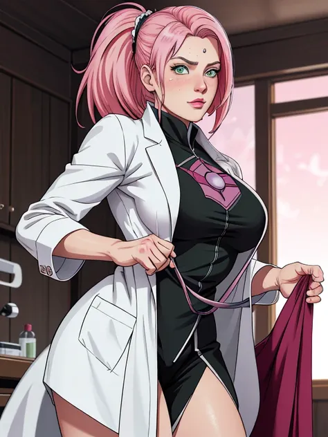 masterpiece, absurdres, sakura(boruto), 1girl, solo,mature female, a close up of a woman in a black shirt and white lab coat, (doctor), doctor, Commission for high resolution, highly detailed exquisite fanart, oc commission, very detailed Artgerm, ig model...