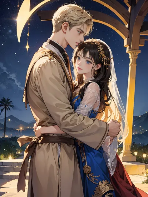 A romantic villa with an atmosphere reminiscent of the Arabian Nights.、There is a garden with luxurious decorations and roses.。ina、Rin々A tall young man and a cute little girl are happily hugging each other.。pure、A crescent moon and a galaxy shine in the ni...