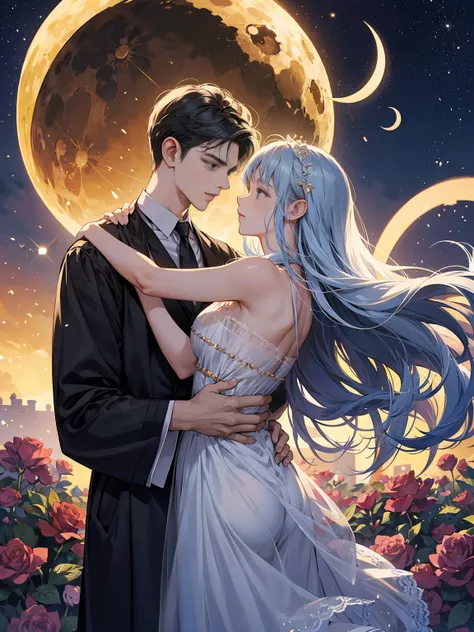 A romantic villa with an atmosphere reminiscent of the Arabian Nights.、There is a garden with luxurious decorations and roses.。ina、Rin々A tall young man and a cute little girl are happily hugging each other.。pure、A crescent moon and a galaxy shine in the ni...