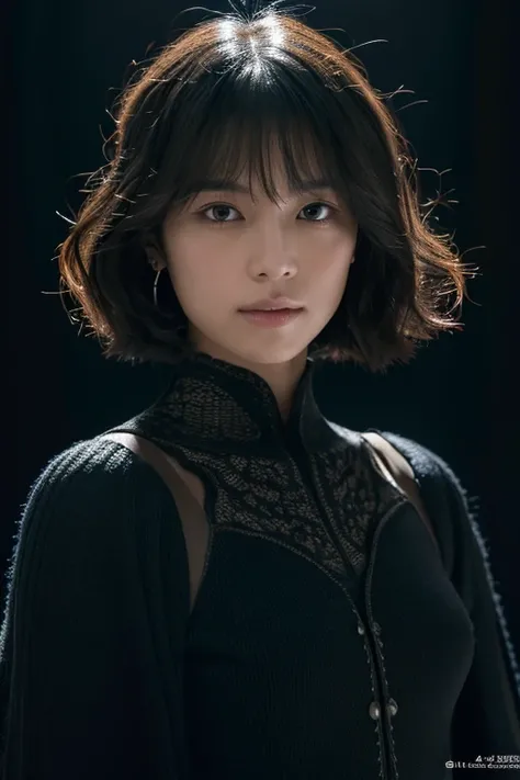 1girl, 175cm,Japanese model ,27 years old, Soft body, Jet black medium-short hair, Wavy hair, Upper half body, ((Head to belly)) ,Close-up, 8K, RAW photo, Best quality, Masterpiece, Realistic, photo-realistic, Cute(Front focus), (In the dark:1.6), Surreali...