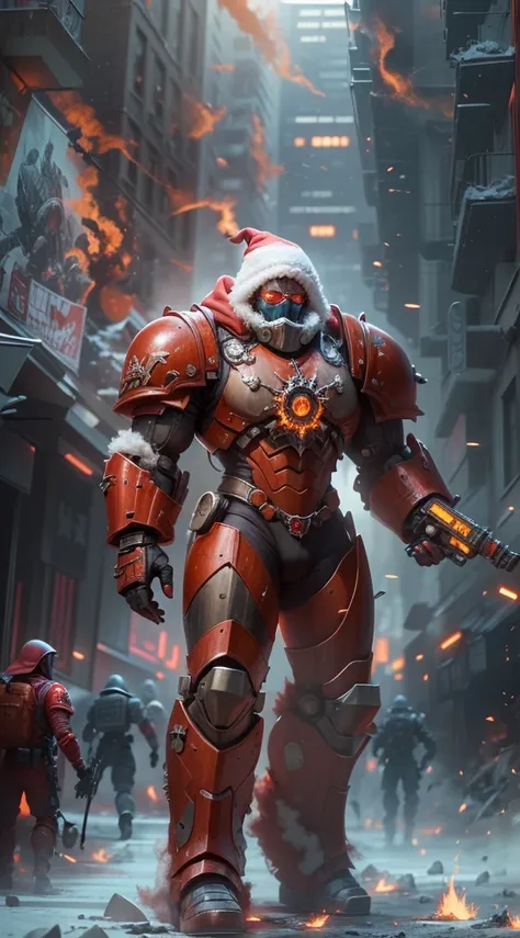 Warhammer 40K universe，cybernetic santa claus，Mechanical suit of red and gold armor，sparkly red color sunglasses，Intense war-like environment，Destroyed buildings and flames，The background is a futuristic cityscape，Santa hat，severe and threatening atmospher...