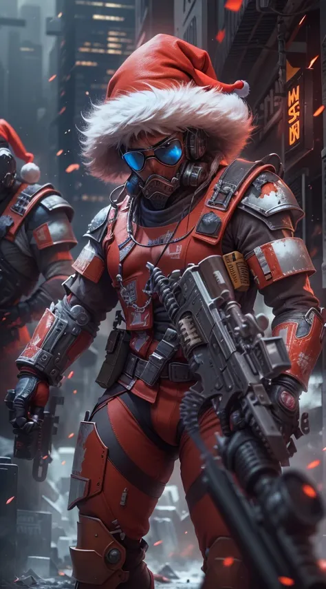 Warhammer 40K universe，santa claus，Mechanical suit of red and gold armor，sparkly red color sunglasses，Intense war-like environment，Destroyed buildings and flames，The background is a futuristic cityscape，Santa hat，severe and threatening atmosphere，Sci-fi cy...