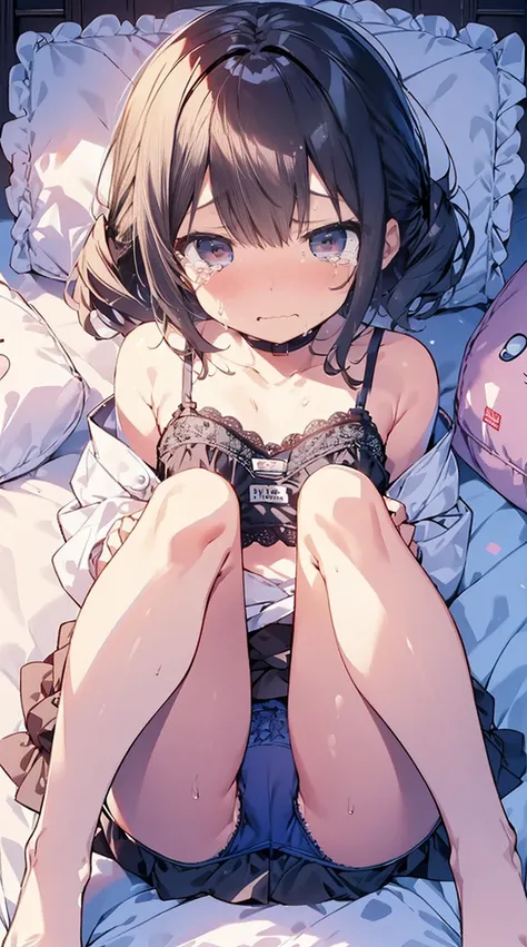 masutepiece, Best Quality,Illustration, Wallpaper, Ultra Detail, Little Face Lori、((fear:1.3))、(Teary-eyed:1.5)、(((Cute underwear)))、She makes me lie down and spread my legs.