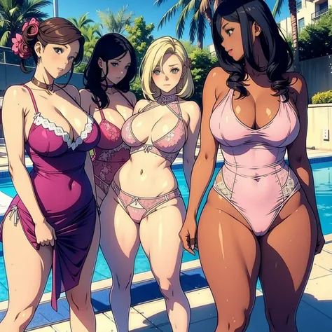 multiple thick body females at the pool daytime, all females wearing open center slit long dress flaring the dress to the side of the legs with panties exposed, females wearing pink lace pattern underwear