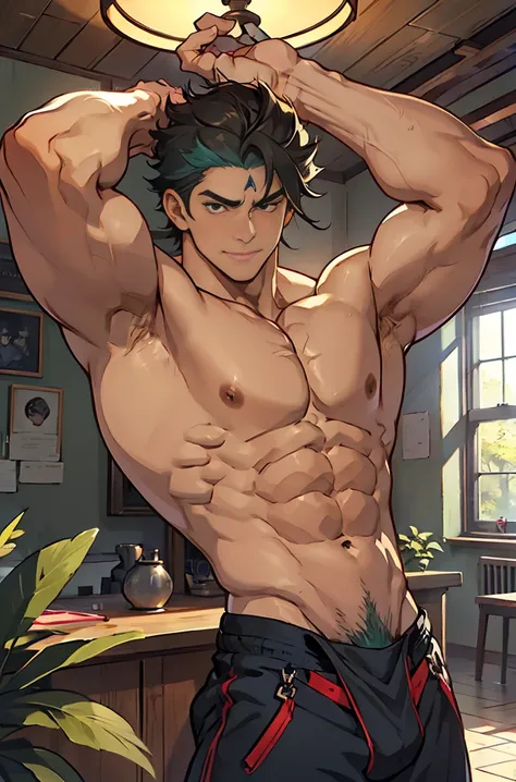 show off thick arms to the audience，closeup of arms，The protagonist enthusiastically hugged a thinner and shorter peer around his waist. The peer looked full of enjoyment.，There are strange dark green patterns on his shoulders，Shoulders exposed，Stout arms，...