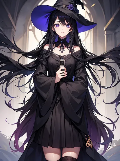 witchcraft, witchy, in stockings, violet eyes, pentogram in one eye, Smiling, black hair, hairlong, Styled hair, beautiful hair, cute face, looking into the camera, sleeves cover arms, face tattoos, Dark Forest, the night, Night Forest, black trees, black ...