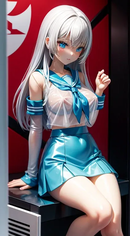 Real perfect view,shiny revoltech,Crying face,plastic model製の女, Slender big,Put out the nipples,Silvery hair,Wet skin,thin waist,light blue see-through vinyl sailor,White see-through mini skirt,sitting on,depth of fields,Convenience store products,plastic ...