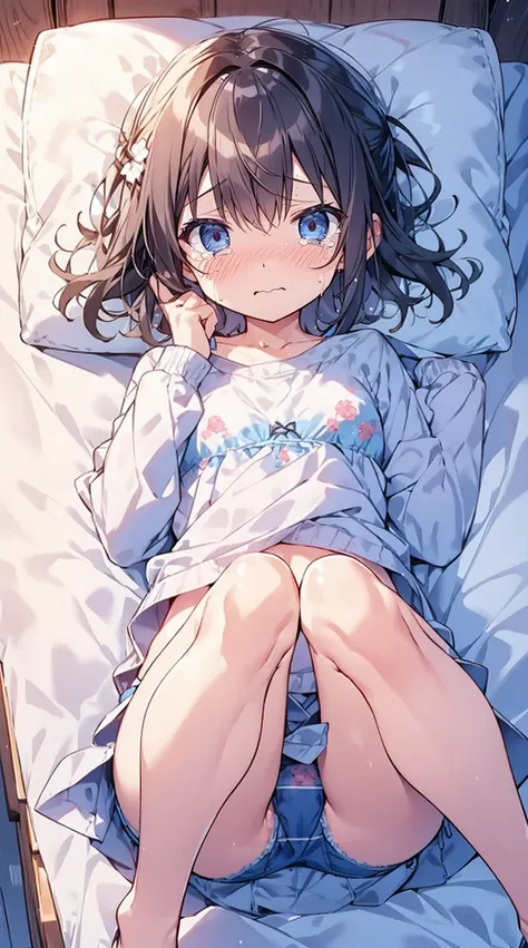 masutepiece, Best Quality,Illustration, Wallpaper, Ultra Detail, Little Face Lori、((fear:1.3))、(Teary-eyed:1.5)、(((Cute underwear)))、She makes me lie down and spread my legs.