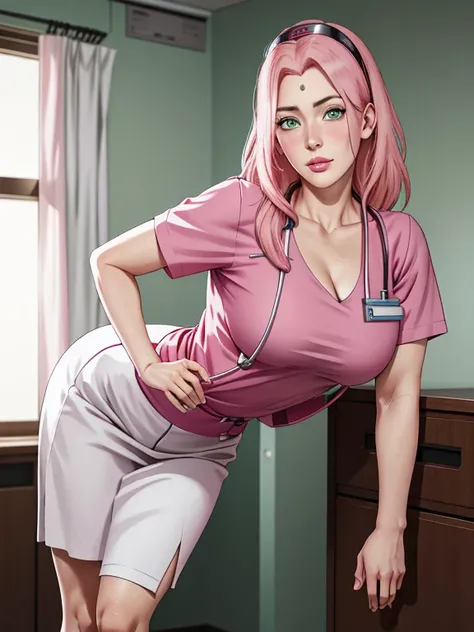 masterpiece, absurdres, sakura(boruto), 1girl, solo, mature woman, a full body close up of a woman as a doctor, photorealistic, high resolution, hips up, look at viewer, (detailed face), doctor outfit, name tag, perfect composition, detailed lips, big brea...